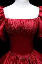 Burgundy Satin Long A-Line Formal Prom Dresses, Burgundy Formal Evening Dresses