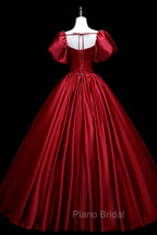 Burgundy Satin Long A-Line Formal Prom Dresses, Burgundy Formal Evening Dresses