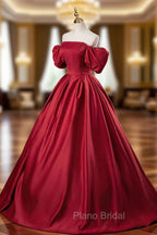 Burgundy Satin Long A-Line Formal Prom Dresses, Off the Shoulder Evening Party Dresses