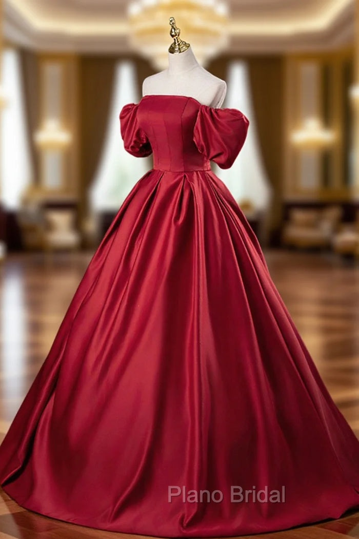 Burgundy Satin Long A-Line Formal Prom Dresses, Off the Shoulder Evening Party Dresses