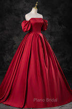 Burgundy Satin Long A-Line Formal Prom Dresses, Off the Shoulder Evening Party Dresses