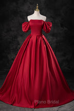 Burgundy Satin Long A-Line Formal Prom Dresses, Off the Shoulder Evening Party Dresses