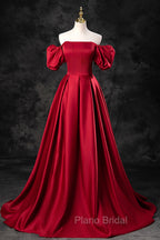 Burgundy Satin Long A-Line Formal Prom Dresses, Off the Shoulder Evening Party Dresses