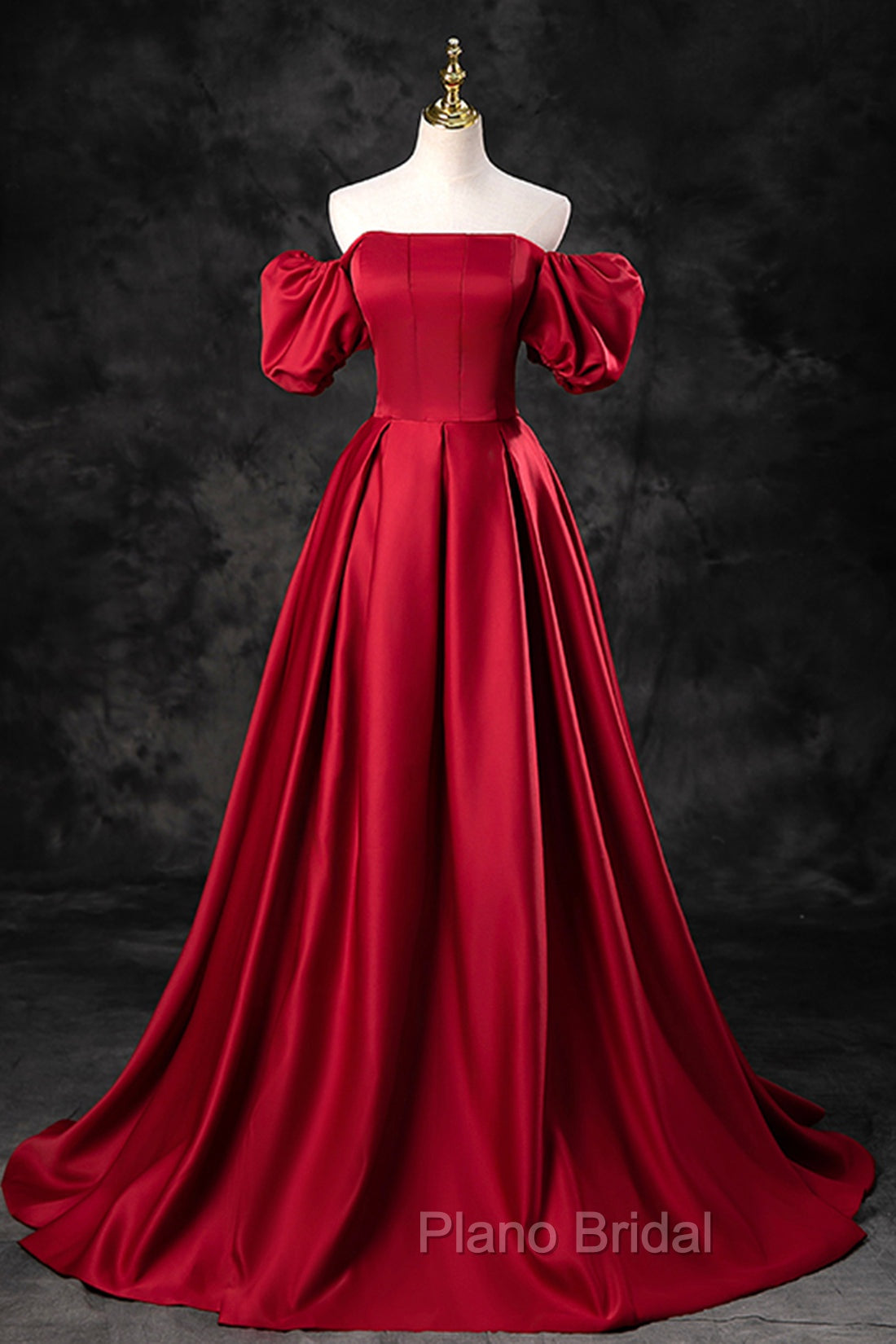 Burgundy Satin Long A-Line Formal Prom Dresses, Off the Shoulder Evening Party Dresses