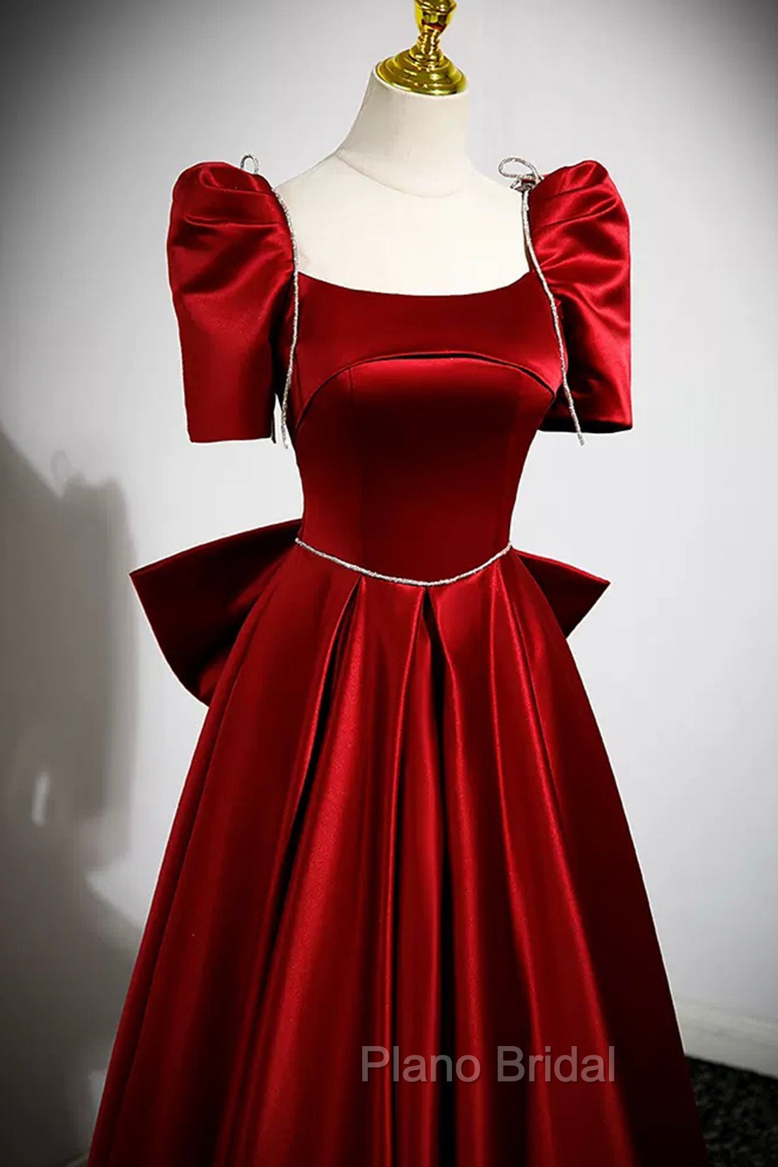 Burgundy Satin Long Formal Prom Dresses, A-Line Evening Dresses with Bow