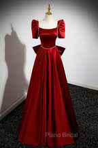Burgundy Satin Long Formal Prom Dresses, A-Line Evening Dresses with Bow