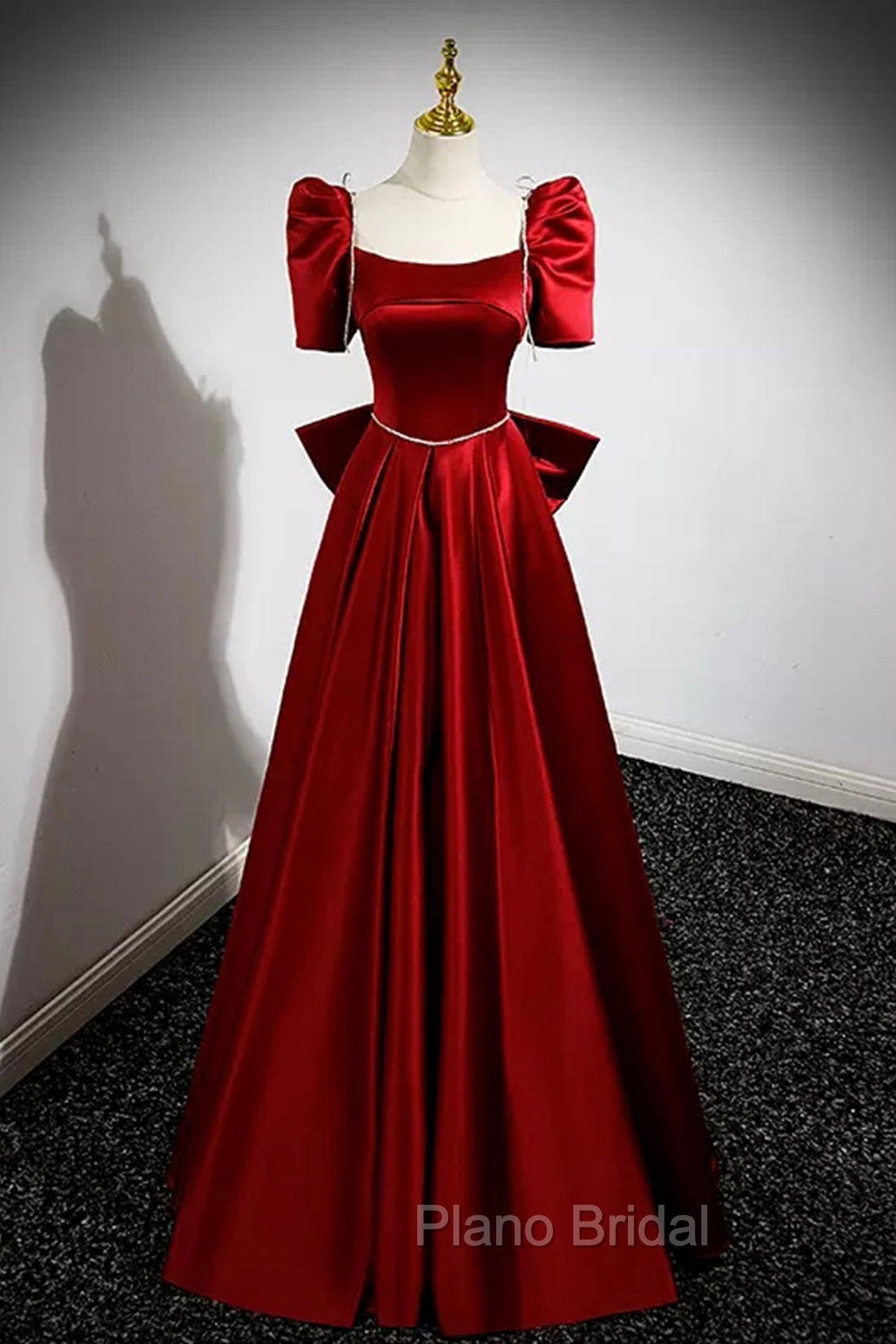 Burgundy Satin Long Formal Prom Dresses, A-Line Evening Dresses with Bow