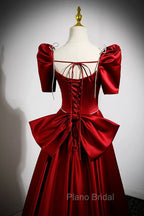 Burgundy Satin Long Formal Prom Dresses, A-Line Evening Dresses with Bow