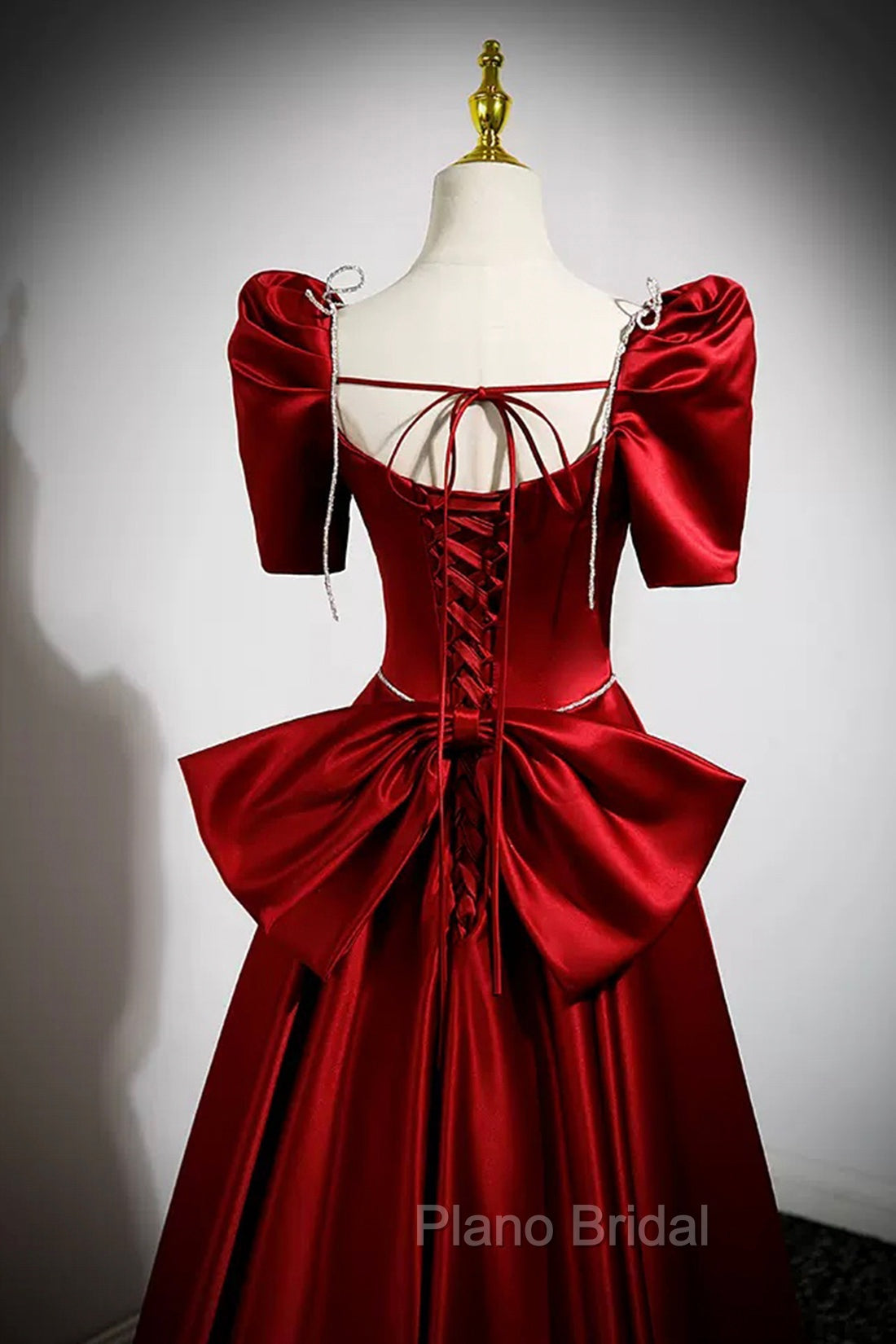 Burgundy Satin Long Formal Prom Dresses, A-Line Evening Dresses with Bow