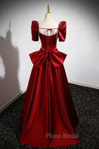 Burgundy Satin Long Formal Prom Dresses, A-Line Evening Dresses with Bow