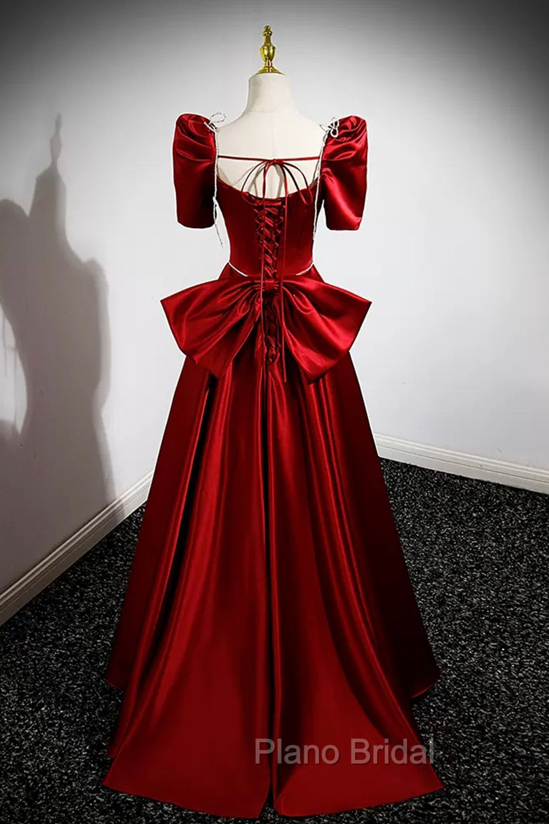 Burgundy Satin Long Formal Prom Dresses, A-Line Evening Dresses with Bow