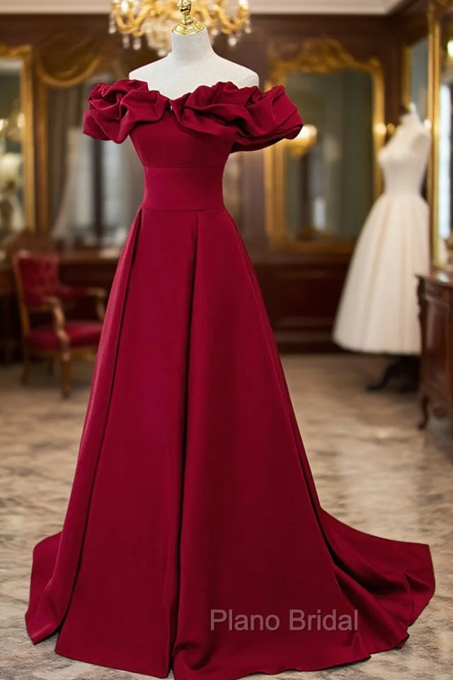 Burgundy Satin Long Formal Prom Dresses, A-Line Off Shoulder Evening Party Dresses