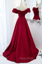 Burgundy Satin Long Formal Prom Dresses, A-Line Off Shoulder Evening Party Dresses