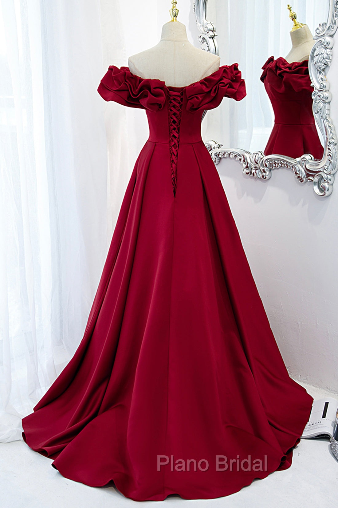 Burgundy Satin Long Formal Prom Dresses, A-Line Off Shoulder Evening Party Dresses