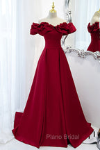 Burgundy Satin Long Formal Prom Dresses, A-Line Off Shoulder Evening Party Dresses