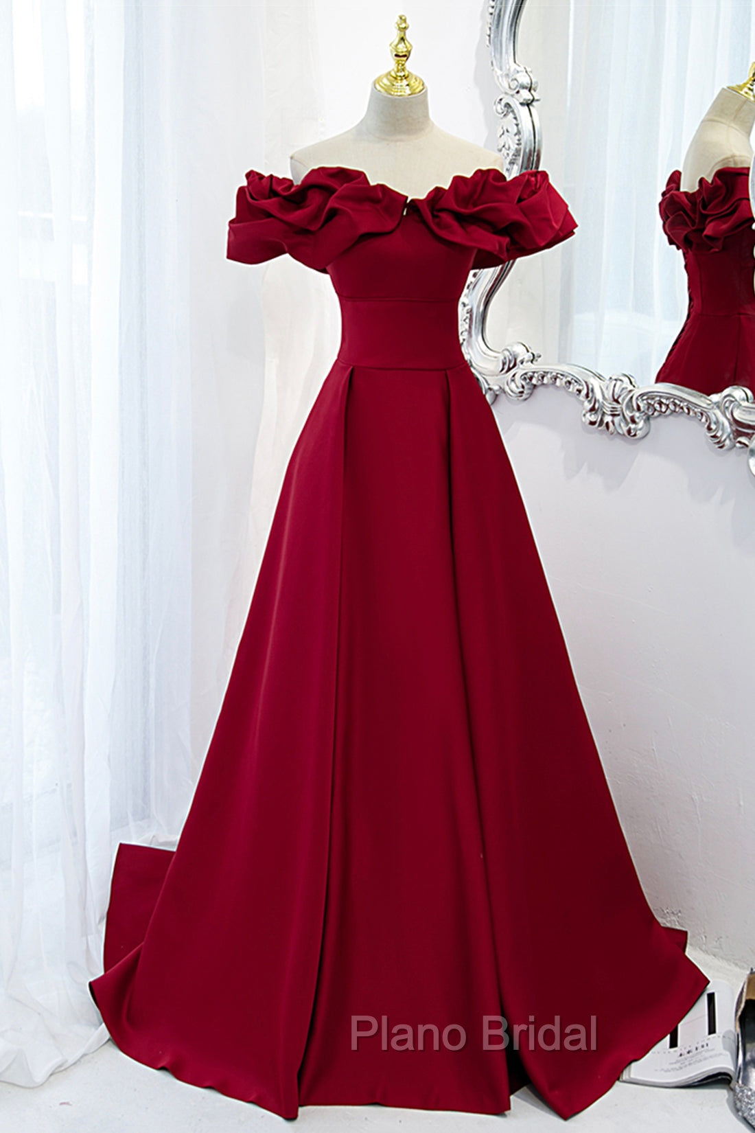 Burgundy Satin Long Formal Prom Dresses, A-Line Off Shoulder Evening Party Dresses