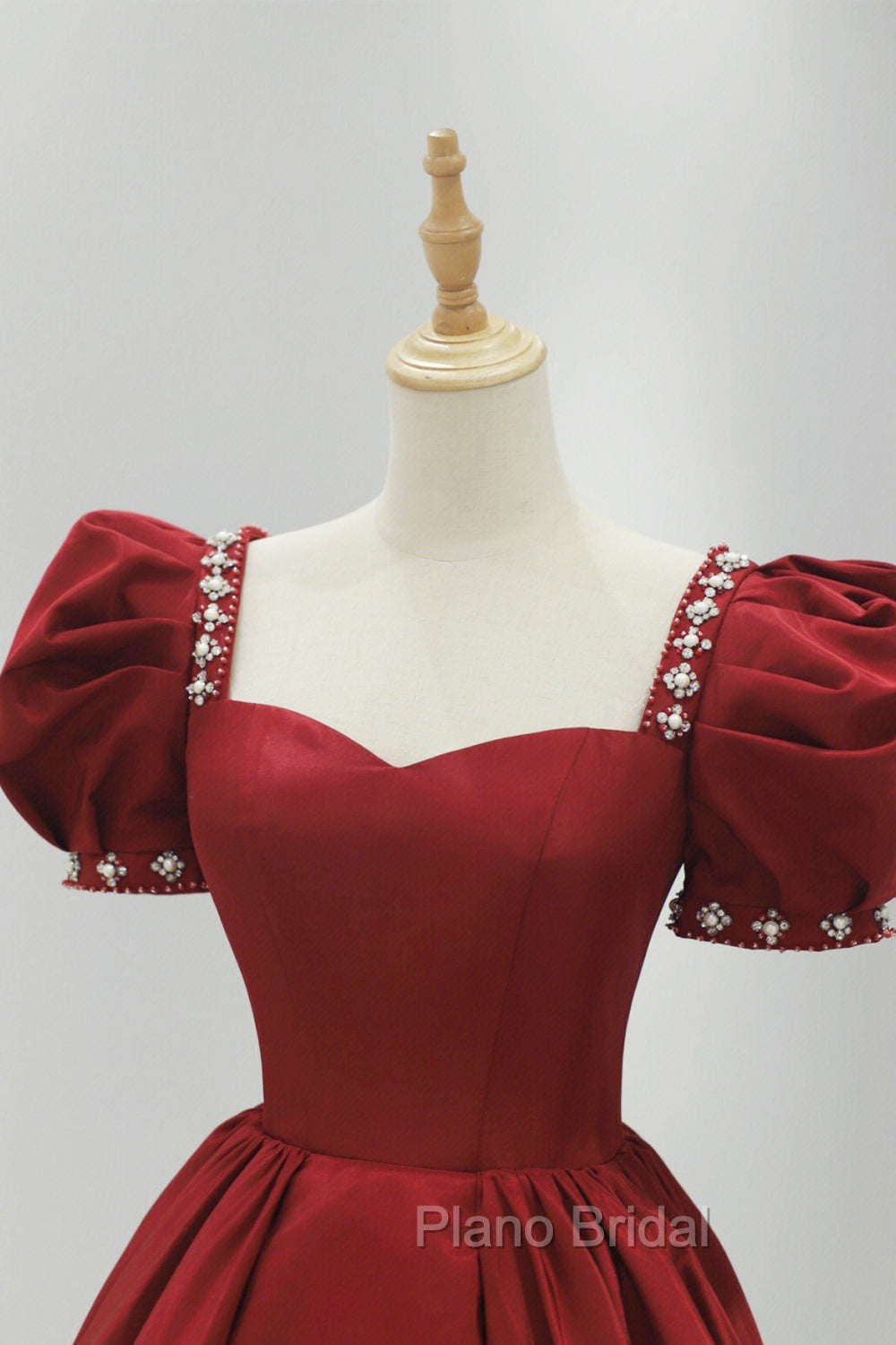 Burgundy Satin Long Formal Prom Dresses, A-Line Short Sleeve Evening Dresses