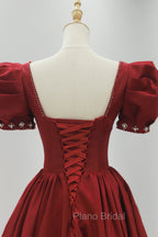 Burgundy Satin Long Formal Prom Dresses, A-Line Short Sleeve Evening Dresses