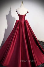 Burgundy Satin Long Formal Prom Dresses, Burgundy A-Line Evening Dresses