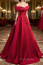 Burgundy Satin Long Formal Prom Dresses, Off Shoulder Evening Party Dresses