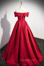 Burgundy Satin Long Formal Prom Dresses, Off Shoulder Evening Party Dresses
