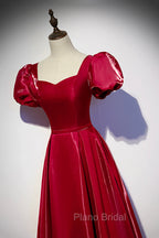 Burgundy Satin Long Formal Prom Dresses, Simple A-Line Evening Dresses