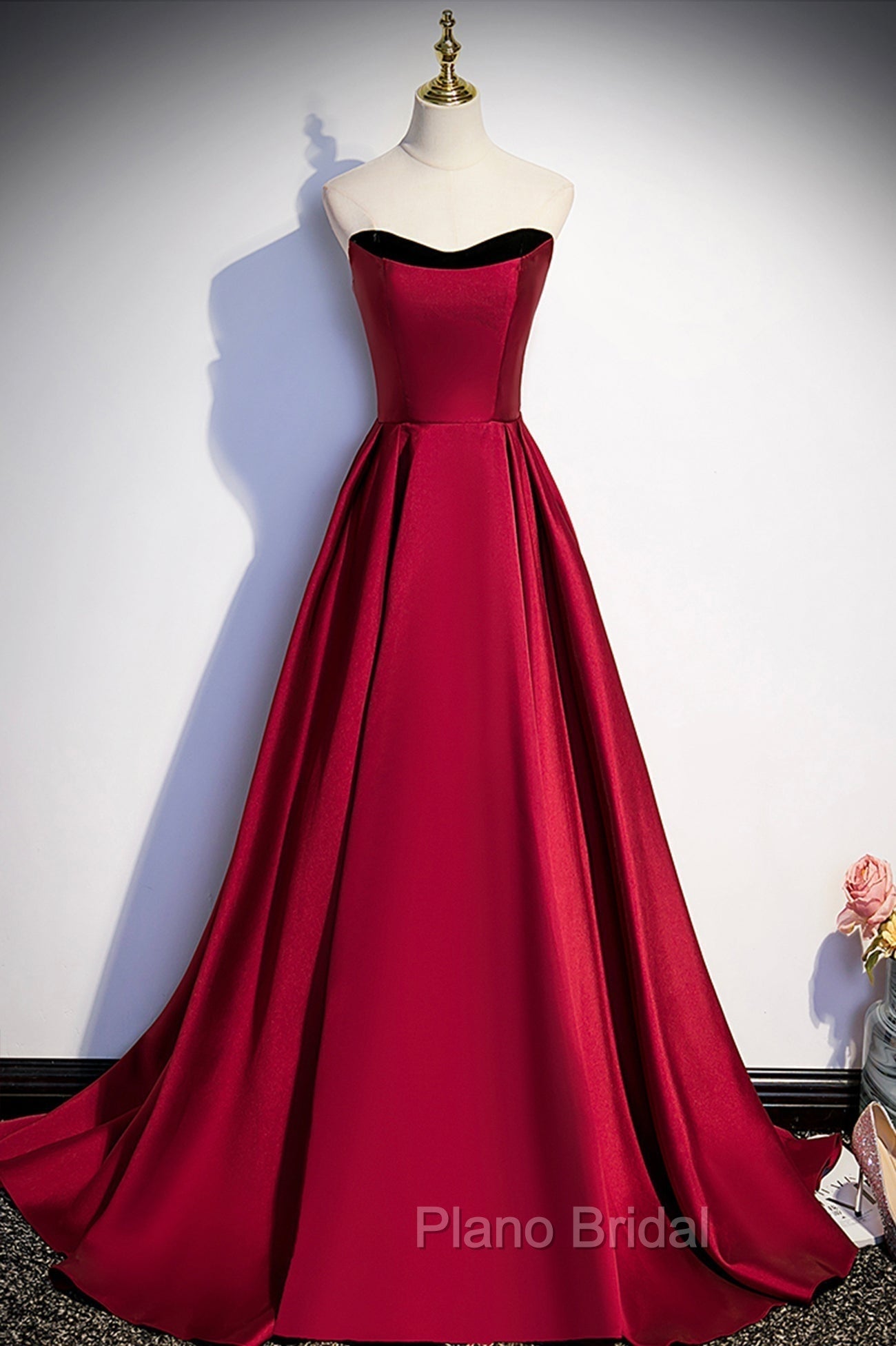 Burgundy Satin Long Formal Prom Dresses, Simple A-Line Evening Party Dresses