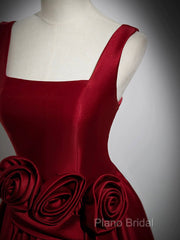 Burgundy Satin Long Formal Prom Dresses With Flowers, Elegant A-Line Party Dresses