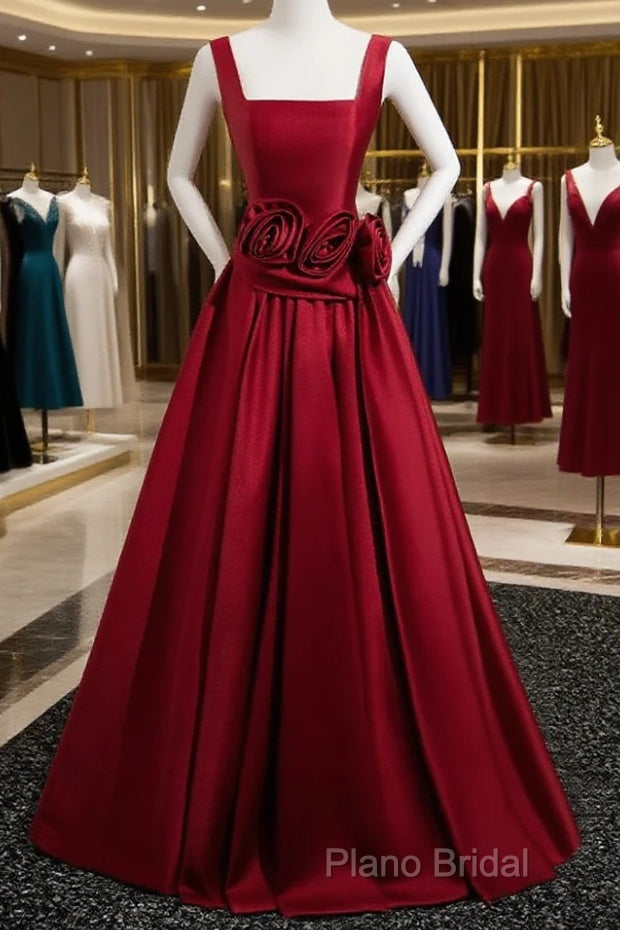 Burgundy Satin Long Formal Prom Dresses With Flowers, Elegant A-Line Party Dresses
