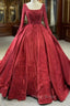 Burgundy Satin Long Sleeve Appliques Pearls Formal Prom Dresses