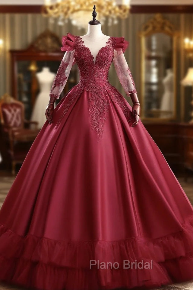 Burgundy Satin Long Sleeve Beading Quinceanera Dresses Main image