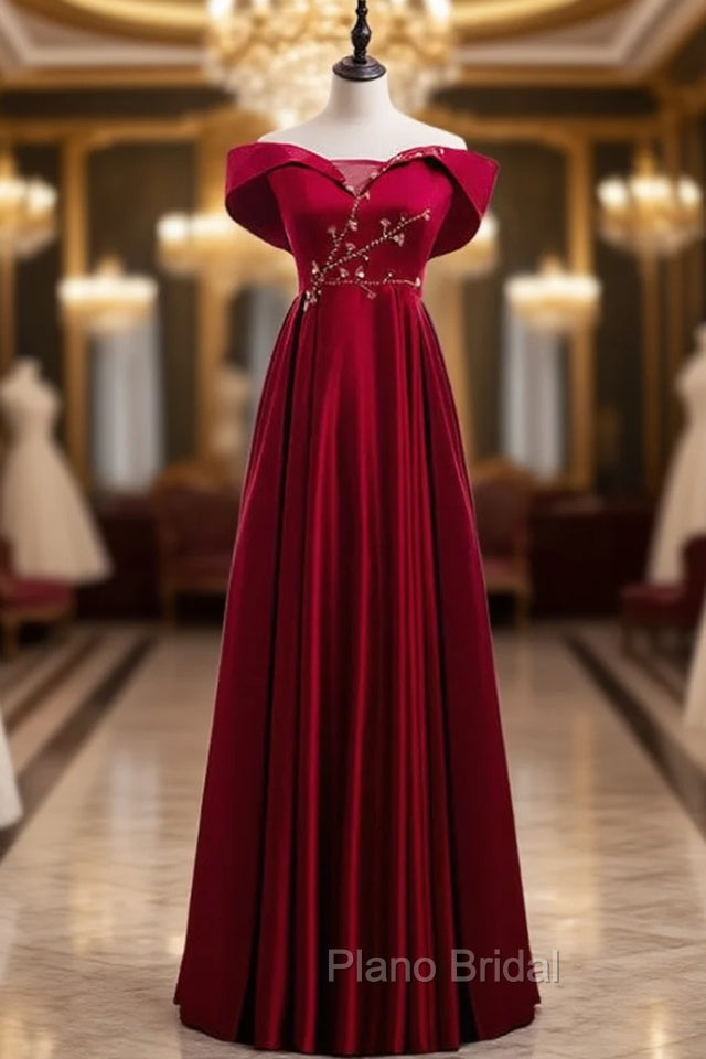 Burgundy Satin Off the Shoulder Appliques Beading Formal Prom Dresses
