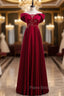 Burgundy Satin Off the Shoulder Appliques Beading Formal Prom Dresses