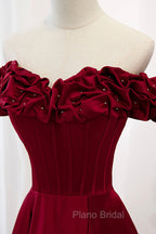 Burgundy Satin Off the Shoulder Beaded Long Formal Dresses, Burgundy A-Line Formal Prom Dresses