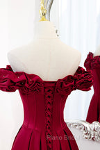Burgundy Satin Off the Shoulder Beaded Long Formal Dresses, Burgundy A-Line Formal Prom Dresses