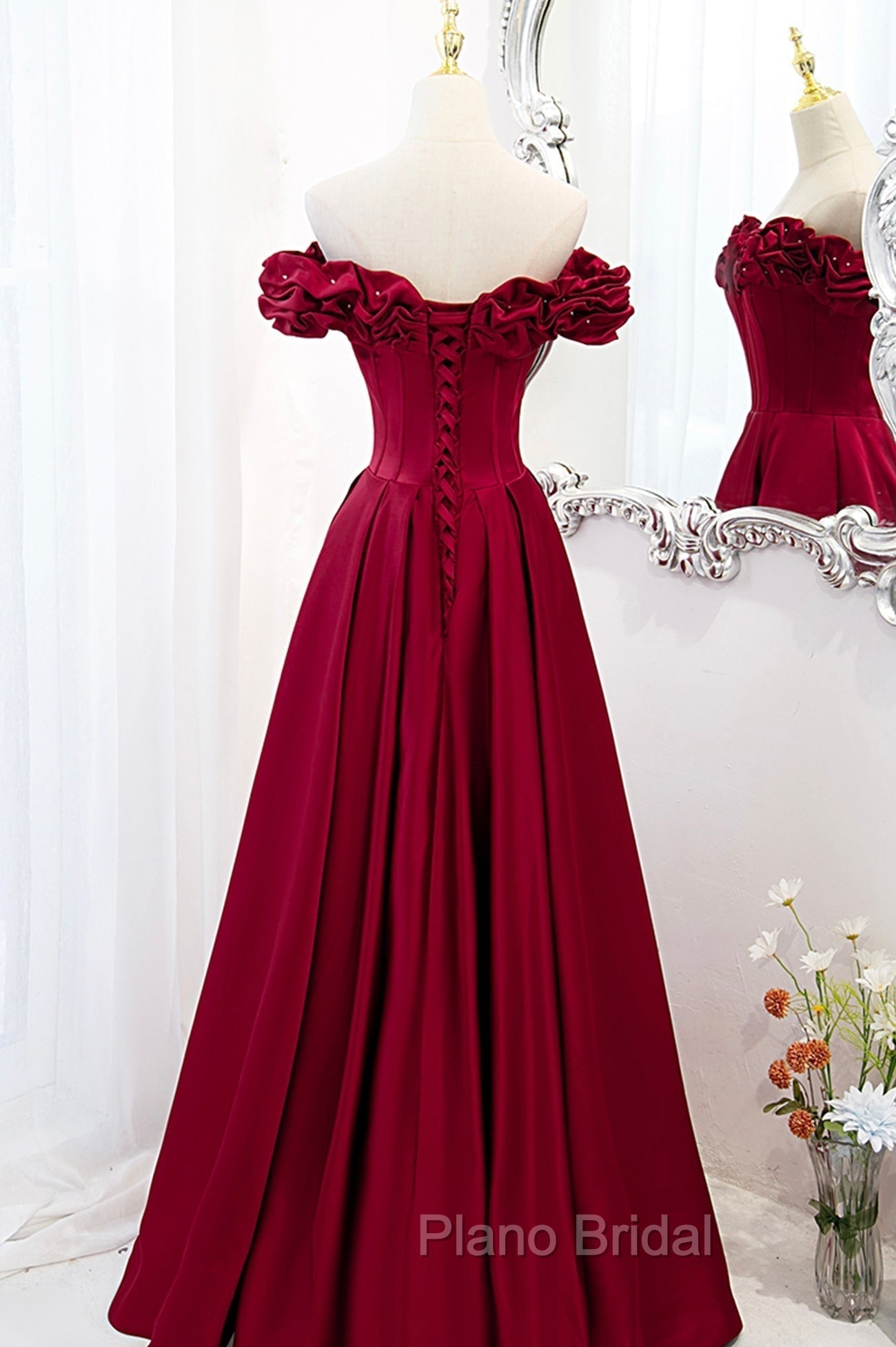 Burgundy Satin Off the Shoulder Beaded Long Formal Dresses, Burgundy A-Line Formal Prom Dresses