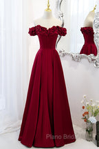 Burgundy Satin Off the Shoulder Beaded Long Formal Dresses, Burgundy A-Line Formal Prom Dresses