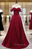 Burgundy Satin Off the Shoulder Beading Formal Prom Dresses