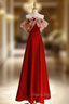 Burgundy Satin Off the Shoulder Flower Formal Prom Dresses