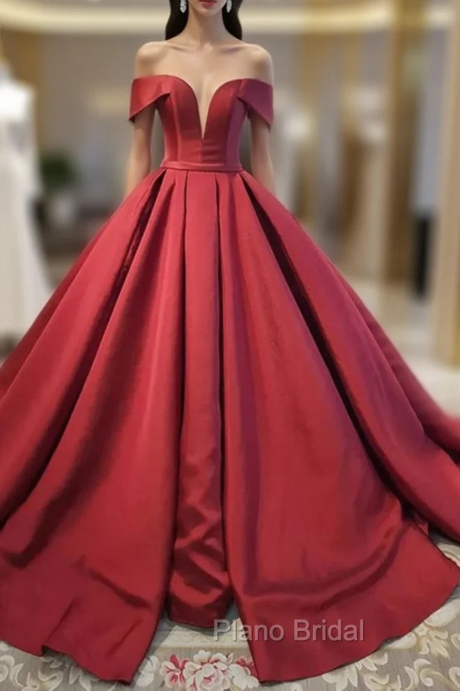 Burgundy Satin Off the Shoulder Formal Formal Prom Dresses Main image