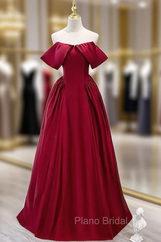 Burgundy Satin Off the Shoulder Long Formal Prom Dresses