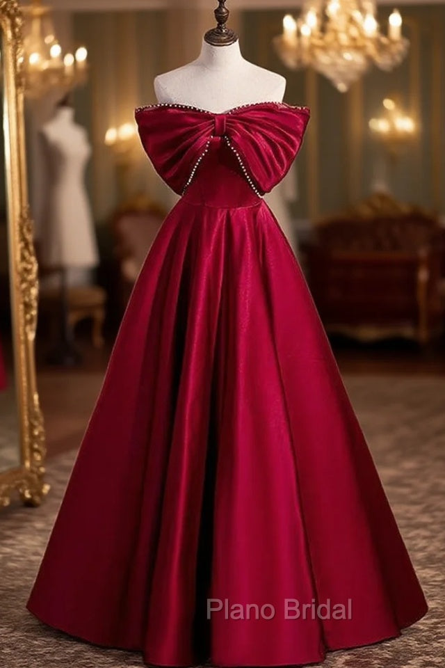 Burgundy Satin Off the Shoulder Pearls Bow Formal Prom Dresses