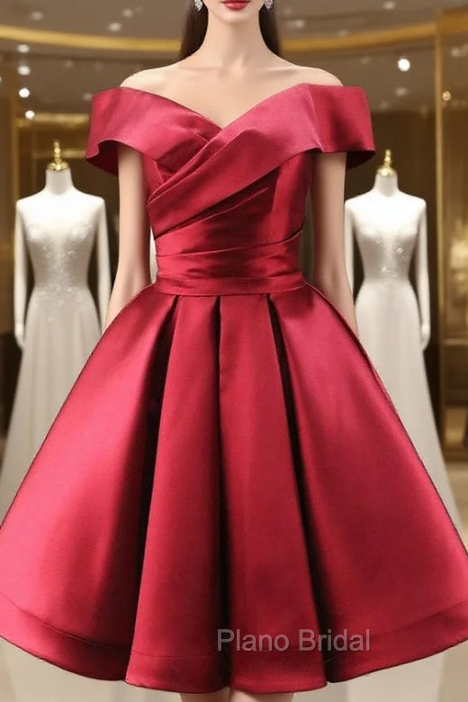 Burgundy Satin Off the Shoulder Pleats Homecoming Dresses Main image