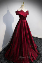 Burgundy Satin Off the Shoulder Formal Prom Dresses, A-Line Evening Graduation Dresses