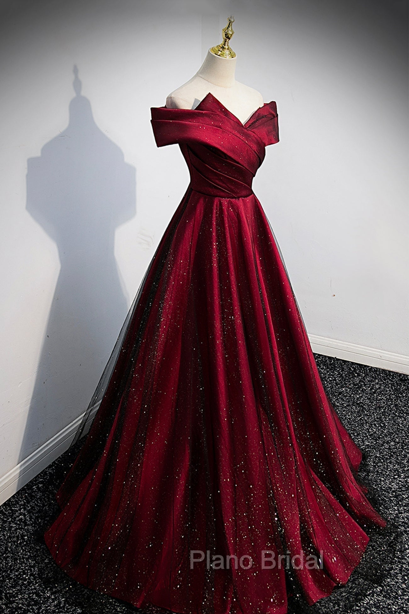 Burgundy Satin Off the Shoulder Formal Prom Dresses, A-Line Evening Graduation Dresses