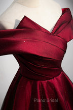 Burgundy Satin Off the Shoulder Formal Prom Dresses, A-Line Evening Graduation Dresses