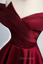 Burgundy Satin Off the Shoulder Formal Prom Dresses, A-Line Evening Graduation Dresses