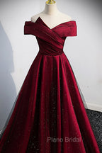 Burgundy Satin Off the Shoulder Formal Prom Dresses, A-Line Evening Graduation Dresses