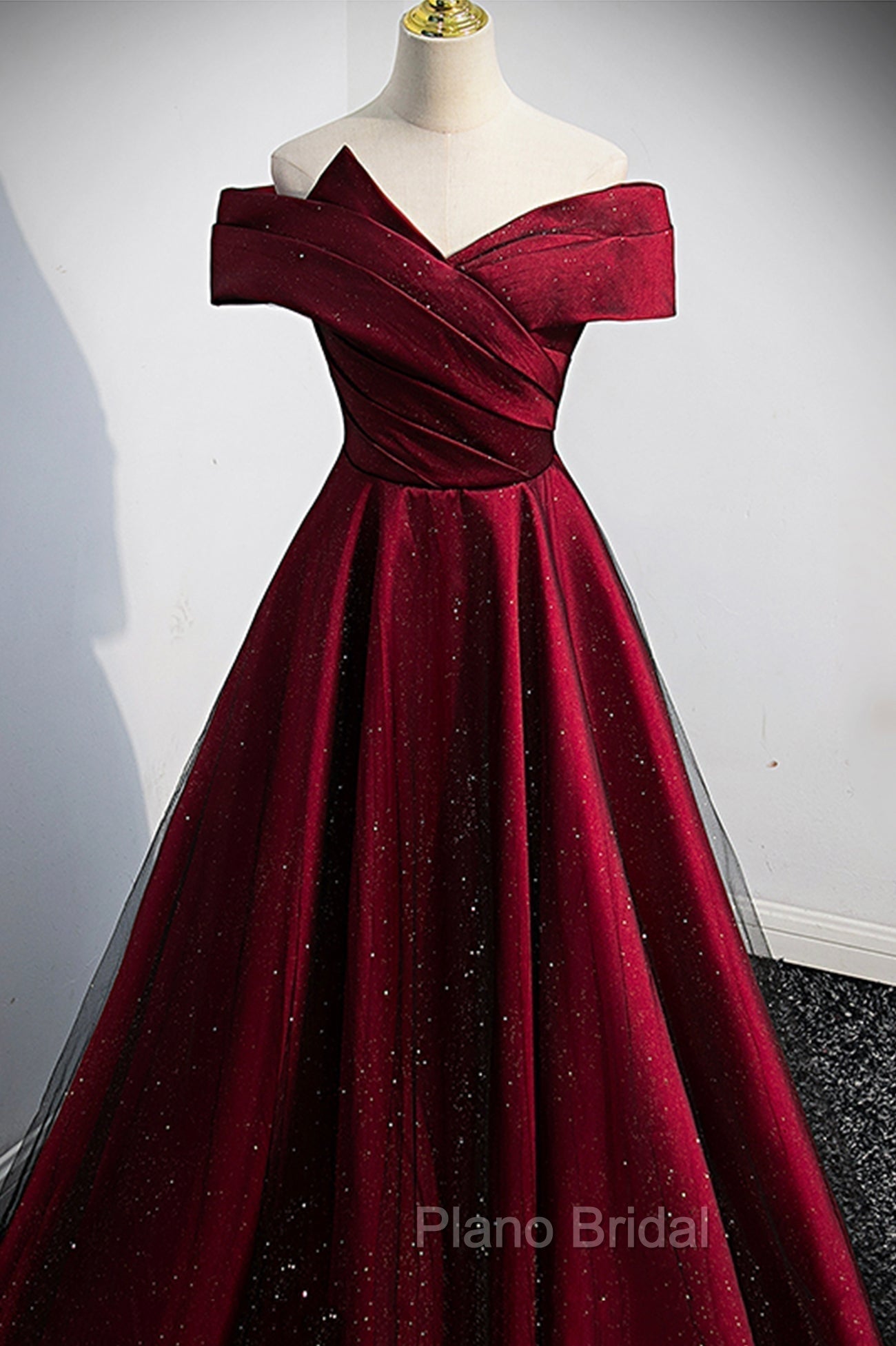Burgundy Satin Off the Shoulder Formal Prom Dresses, A-Line Evening Graduation Dresses