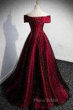 Burgundy Satin Off the Shoulder Formal Prom Dresses, A-Line Evening Graduation Dresses